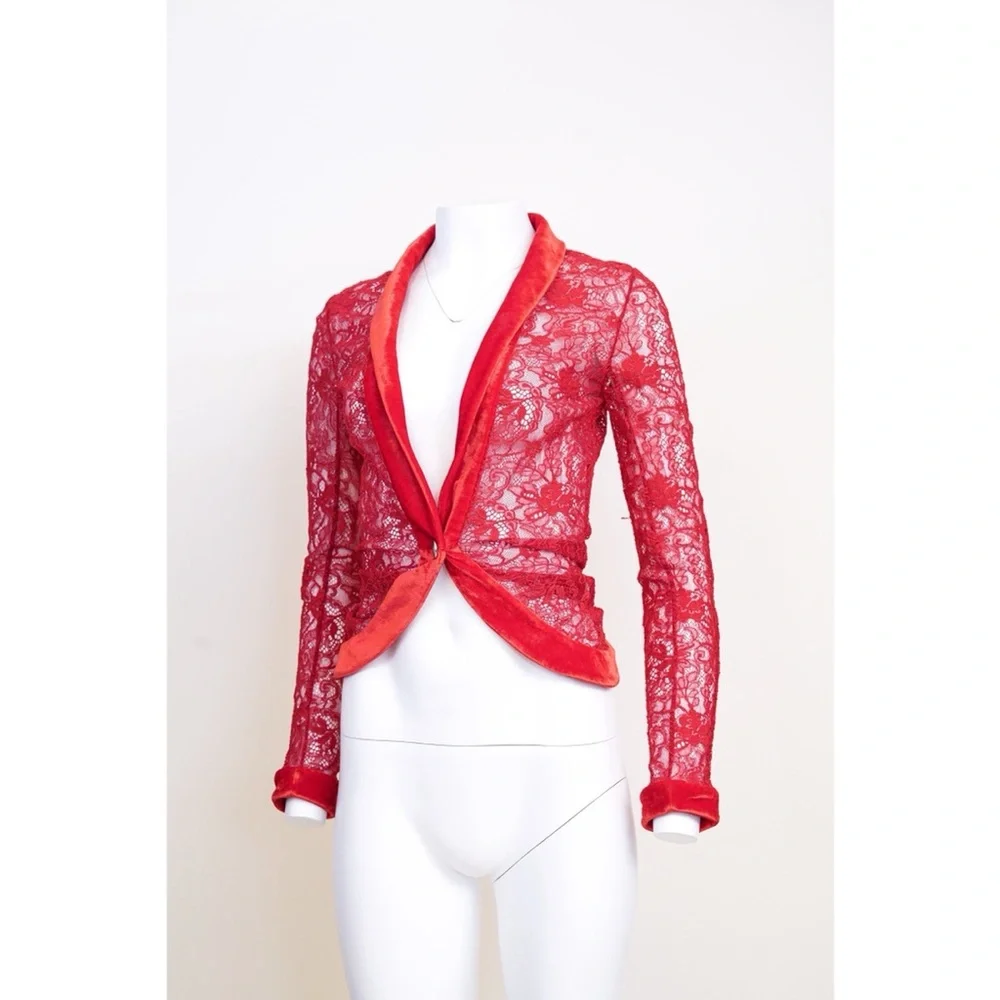 Christian Dior F/W 2003 Red Lace Jacket Top with Velvet Trim